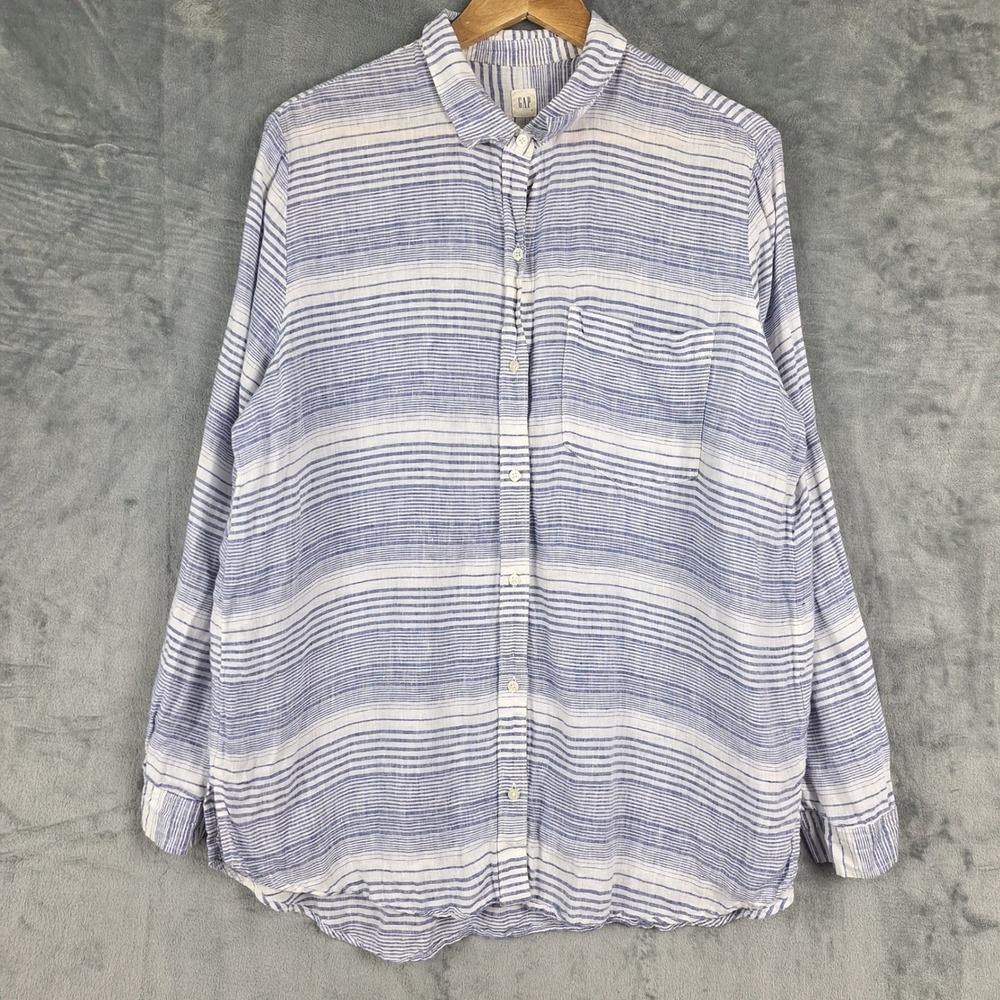 Gap Top Womens Large Linen Boyfriend Shirt Beach Coastal Striped Relaxed Tunic